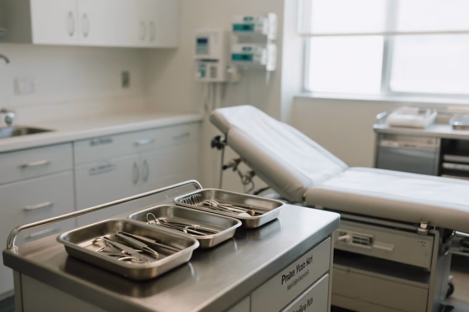 Medizinischer Behandlungsraum mit steril aufbereiteten Instrumenten und hygienischer Ausstattung