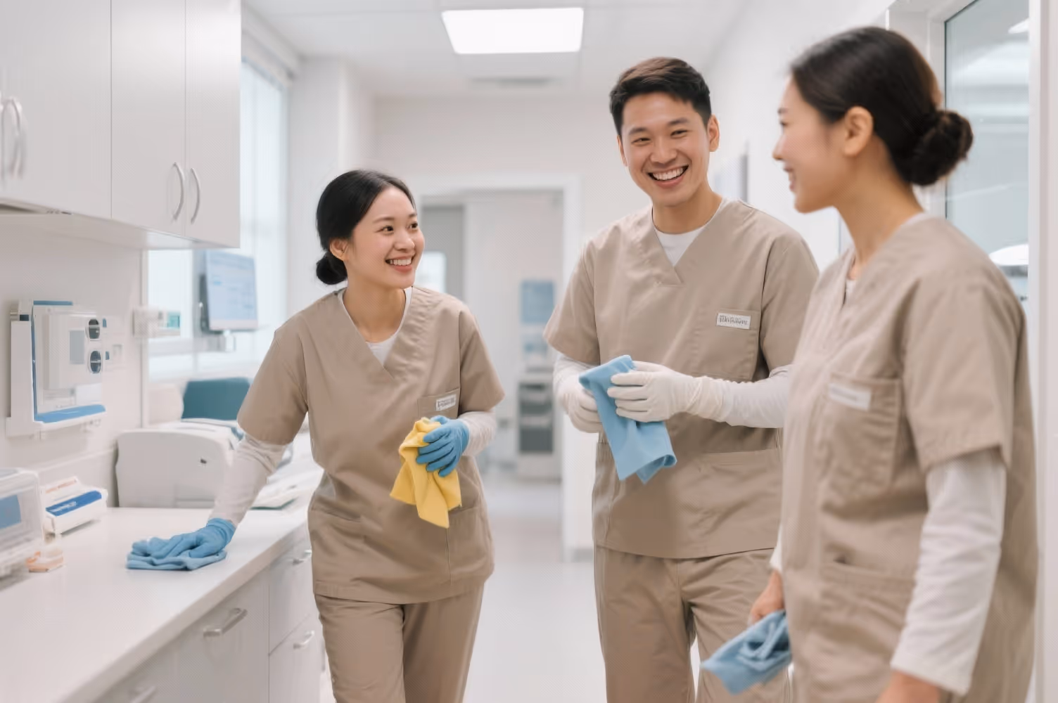 Reinigungsfachkräfte in professioneller Arbeitskleidung in einer medizinischen Praxis in Berlin, nach der Reinigung entspannt im Gespräch, saubere und hygienische Umgebung
